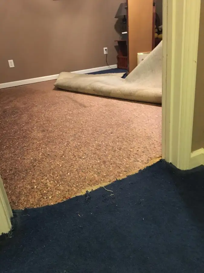 Carpet pad removal revealing water damage during Water Mitigation Services in Paradise